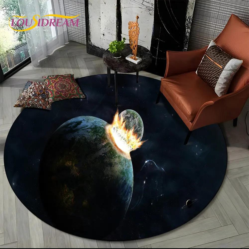 Earth Space Fixed Stars Galaxy Round Area Rug,Carpet for Living Room Children's Bedroom Sofa Playroom Decor,Non-slip Floor Mat