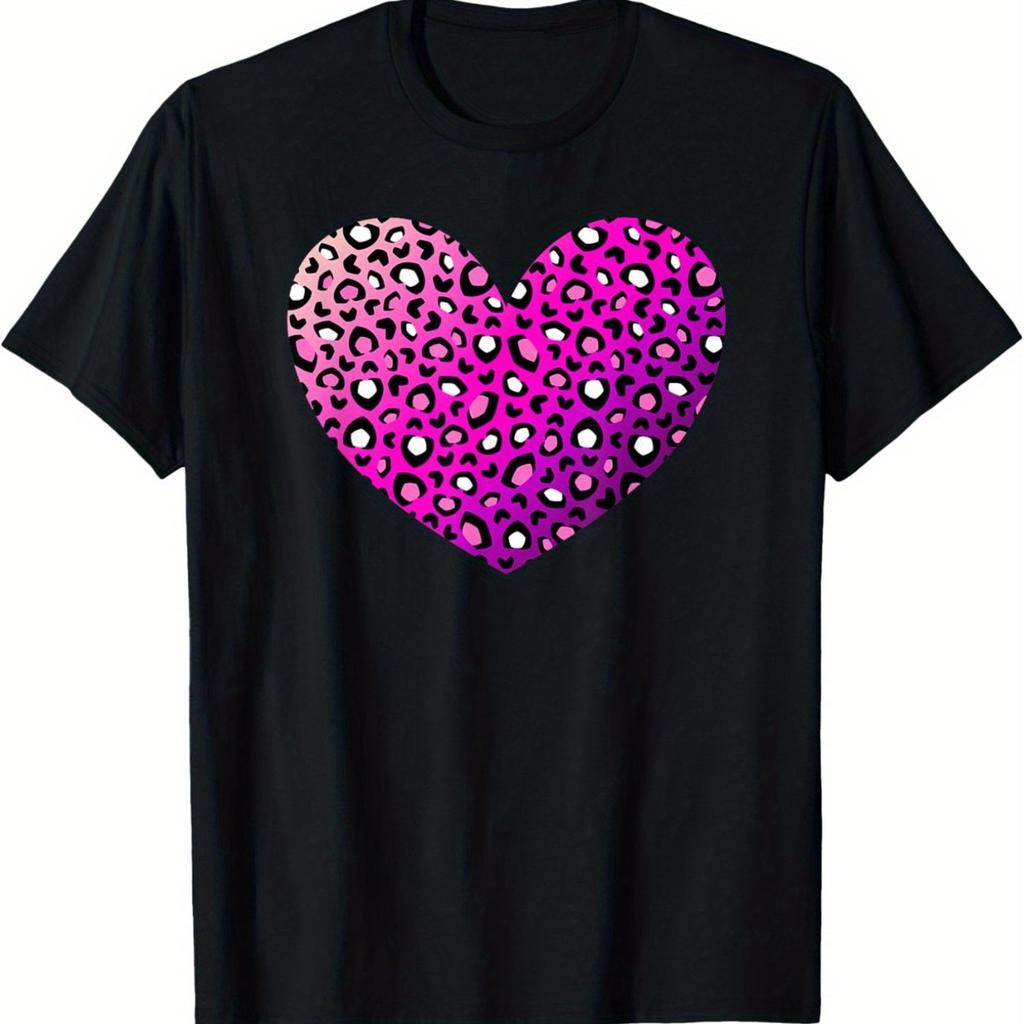 Fashion Leopard Heart Print Pink Purple T-Shirt Casual Cotton Short Sleeve Crew Neck Tee