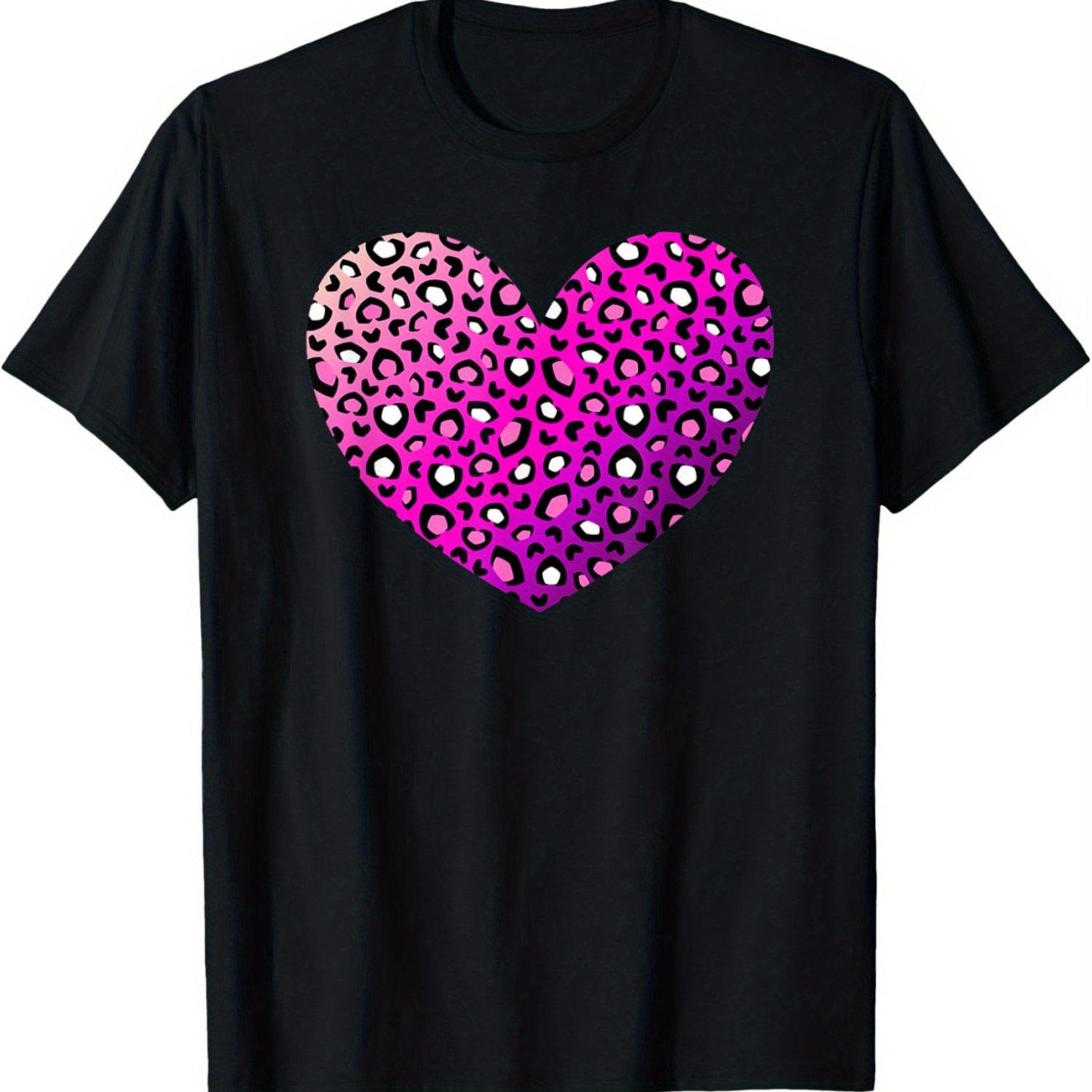 

Fashion Leopard Heart Print Pink Purple T-Shirt Casual Cotton Short Sleeve Crew Neck Tee 4XL