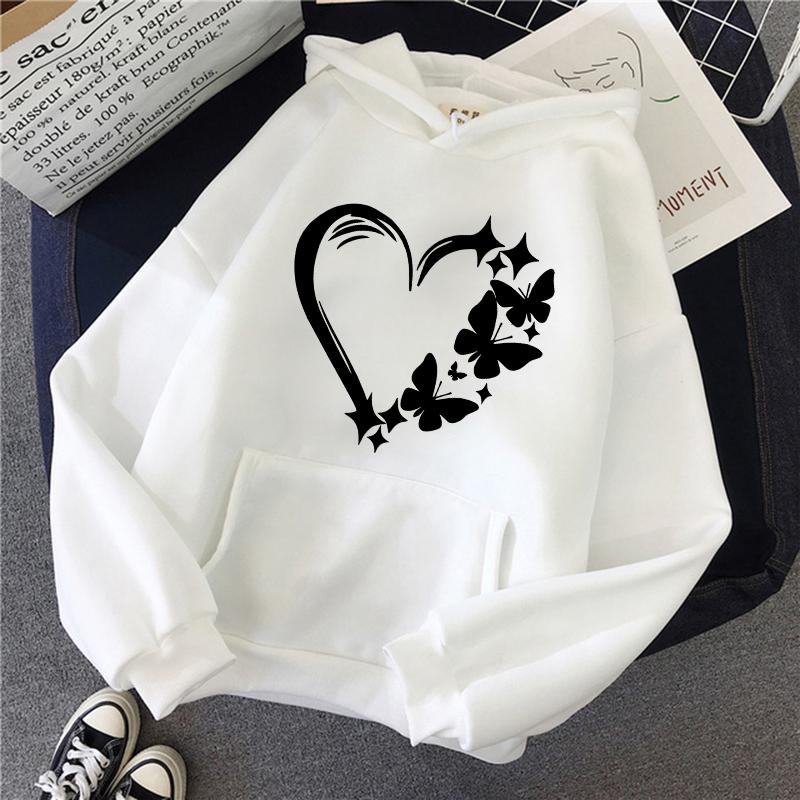Combination of Love and Butterfly Pattern Long Sleeve Hoodies Women's Trendy Pocket Sweatshirt Vintage Y2k Hooded Clothing