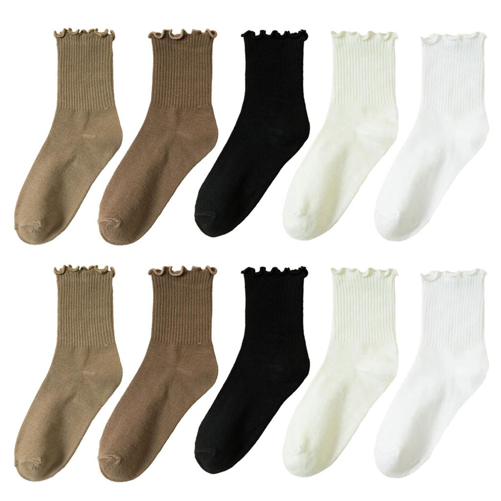 5 Pair Women Fashionable Ruffle Cuffs Crew Socks Cotton Blend Ribbed Knitted Stretchy Fit Comfortable Frilly Ankle Socks