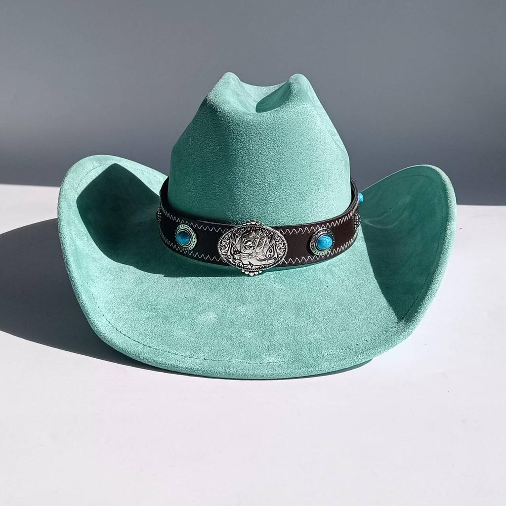 Vegan Suede Wide Brim Rancher Hat Metal Buckle Boot Accessories for Men and Women Cowboy Hat Cattleman Style Unisex Fedora