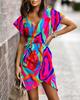 Women's V-Neck Short Sleeve Tie-Waist Floral Print Casual Summer Dress with Asymmetrical Hem
