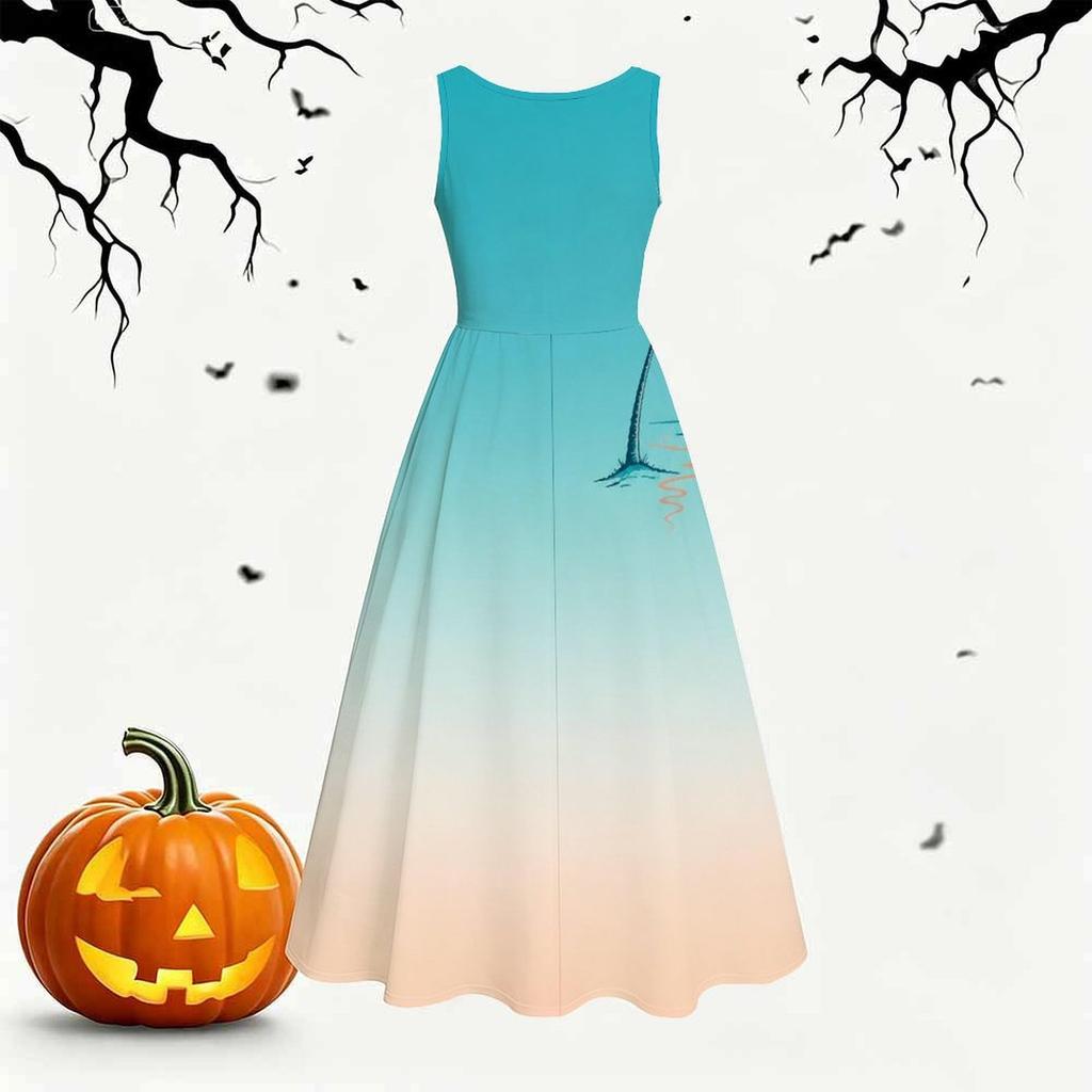 Women Plus Size Round Neck Sleeveless Gradient Printed A Line Bow Waist Dress
