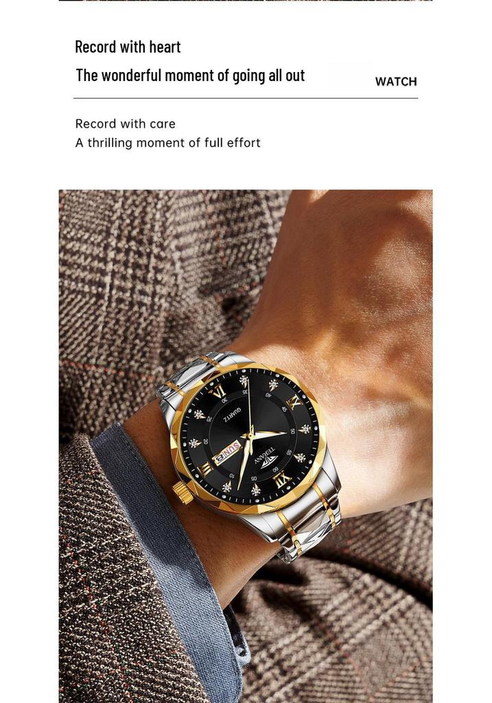 Men's Luminous Waterproof Quartz Watch with English-Chinese Calendar and Rhombus Case