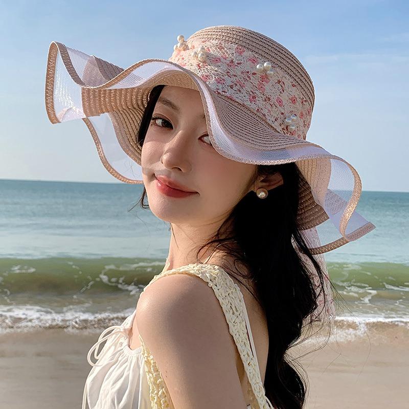 Summer Bow Sun Hat Female, Seaside Beach Vacation Sun Hat Outdoor Big Brim Sun Hat Sweet Straw Hat