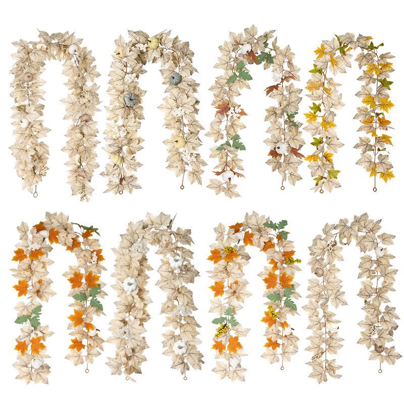 Fall Maples Leaves Garland Simulation Maple Leaf Pumpkin Berry Vine Wreath Thanksgiving Halloween Christmas Fireplace Decoration