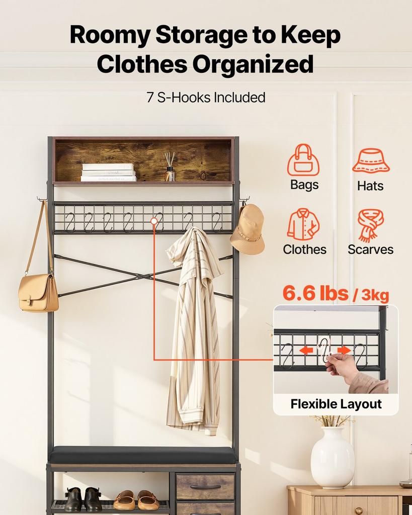 Hall Tree, 1800 mm Coat Rack with Shoe Bench & 3 Drawers, 3-in-1 Freestanding Shoe Rack Storage Organizer with Bookshelf & Wire Shelf, Steel Frame