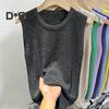 Women Vest Tops Round Neck Sleeveless Solid Color Loose Fit Ice Silk Tank Tops Breathable Versatile Vest