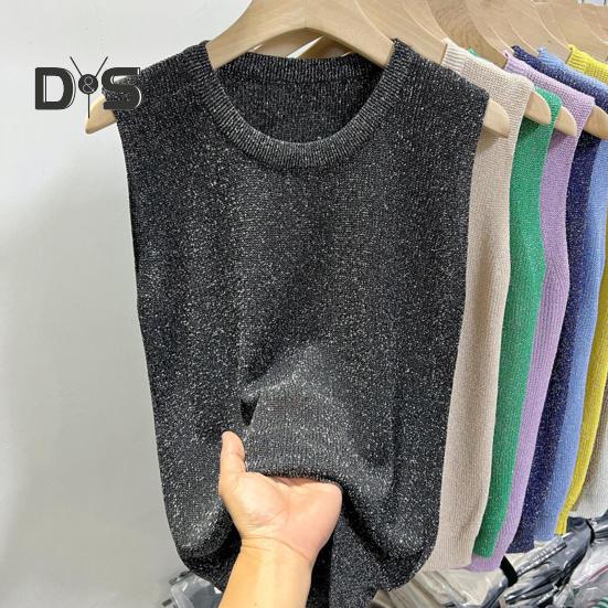 Women Vest Tops Round Neck Sleeveless Solid Color Loose Fit Ice Silk Tank Tops Breathable Versatile Vest