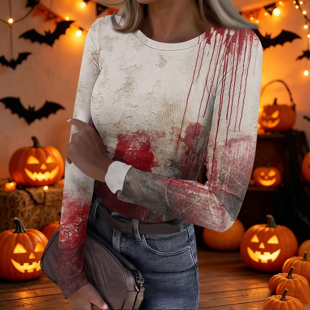 Women's Casual Long Sleeve Ribbed Top Crew Neck Halloween Print Slim Fit Stretchy Lightweight Shirt for Everyday Wear