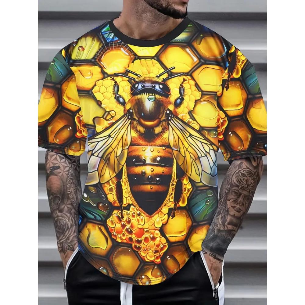 Men's Casual Honeycomb Bee Print T-Shirt Casual Round Neck Short Sleeve Tshirts Clothes New In Funny Bee Graphic T Shirts Tops