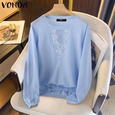 Autumn Winter Women Lace Neck Long Sleeve Thin Knitted Pullover Sweaters