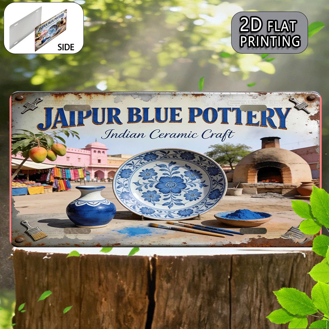 

D Flat pc Jaipur Blue Pottery Indian Ceramic Wall Sign Vintage Metal Plaque Suitable for Home Garage Cafe Decor IndianT 15x30cm(5.9x7.8inch)