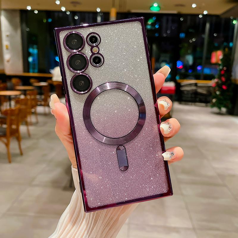 

Для Magsafe Гальваническое покрытие Градиент Блестящий Ударопрочный Чехол для телефона Для Samsung S25 S24 S23 S22 S21 S20 Ultra Plus FE Мягкий Бампер For Samsung S24Ultra фиолетовый