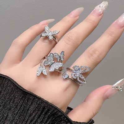 Elegant Full Diamond Exquisite Butterfly Opening Ring Adjustable Stacking High-End Niche Design Index Finger Ring