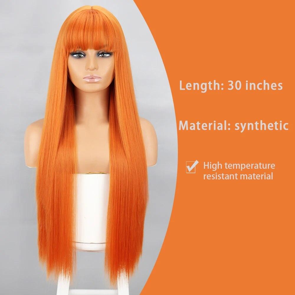 Oranžové syntetické paruky Dlouhé rovné paruky s ofinou pro ženy Růžově červená Cosplay Party Denně používejte přírodní vlasy