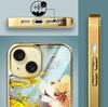 Etui Do Iphone 14 Ibizu Elite Glass, Szklany Tył, Kwiaty Ze Złotem, Złote