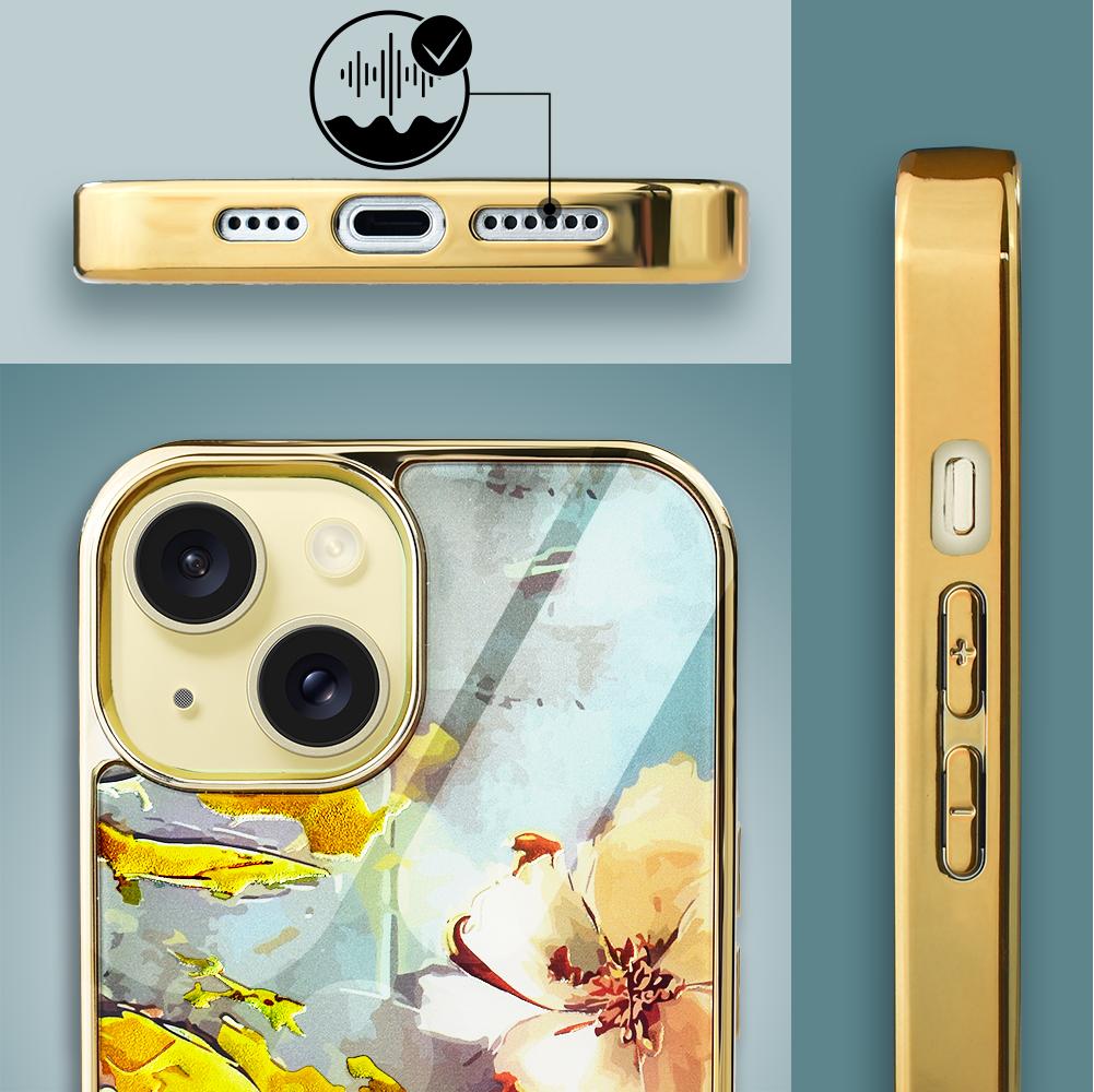 Etui Do Iphone 14 Ibizu Elite Glass, Szklany Tył, Kwiaty Ze Złotem, Złote