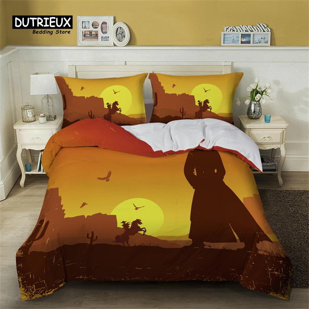 Western Cowboy Duvet Cover Set Traditional Rodeo Hat Bedding Set King For Kids Boys Teens Microfiber Sunset Scenery Quilt Cover