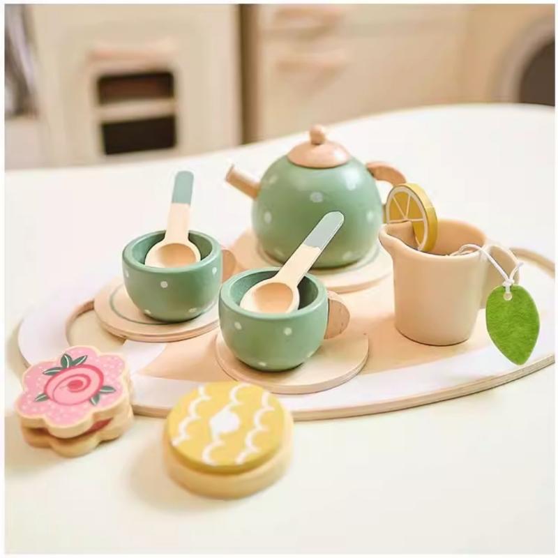 Wooden Kids Tea Set Pretend Play Food Kitchen Accessories Creative Imaginative Toy for Girls Birthday Tea Party Playroom