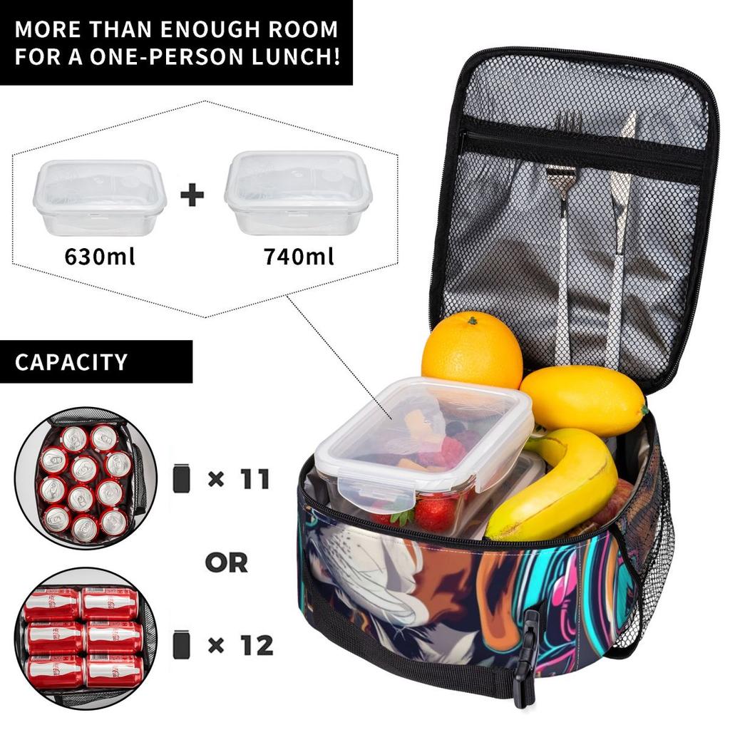 Dog Wearing Headphones And Colorful Jacket Print Insulated Lunch Bag for Women Kids Portable Food Boxes Thermal Lunch Box Tote