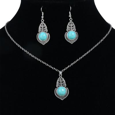 Vintage National Imitation Turquoise Women's Earring Necklace Set Antique Silver Plated Alloy Green Earring Necklace