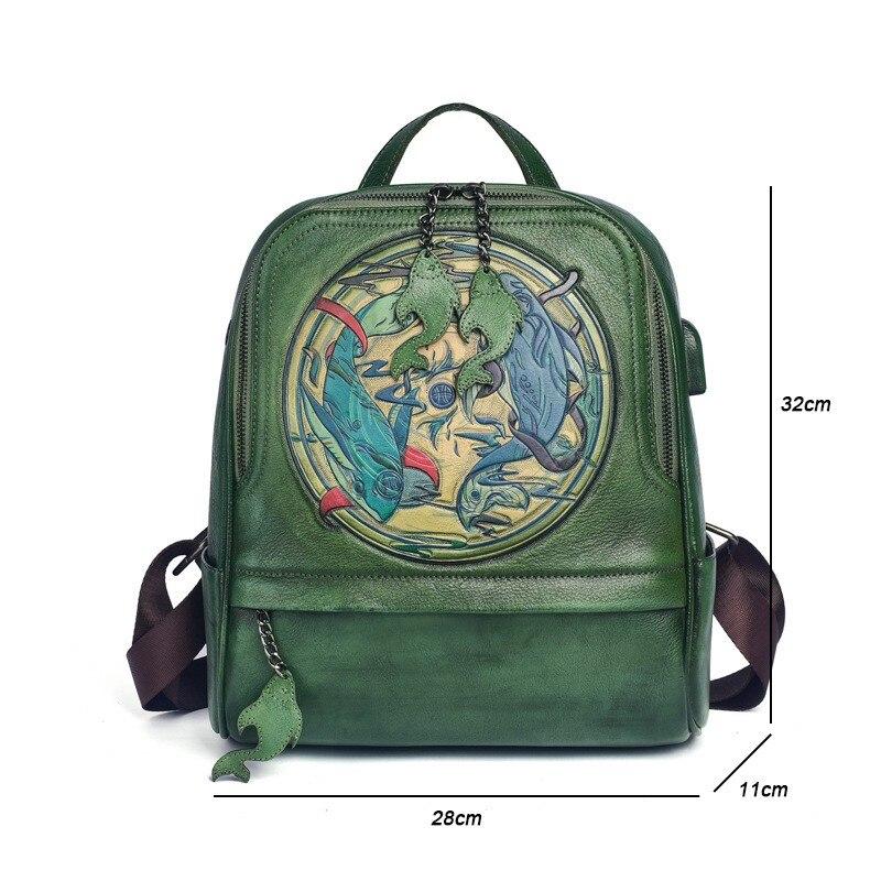 Johnature Rucsac vintage din piele naturală, lucrat manual în relief, pentru femei, pentru petrecerea timpului liber, rucsacuri de călătorie din piele naturală de vacă de mare capacitate