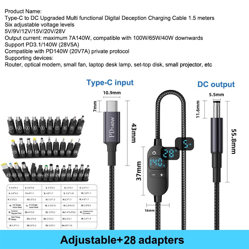 New USB C To DC Power Boost Cable Adjustable Voltage Adapter Connector Cord For Laptop Router PD140W /5V/9V/12V/15V/20V/28V
