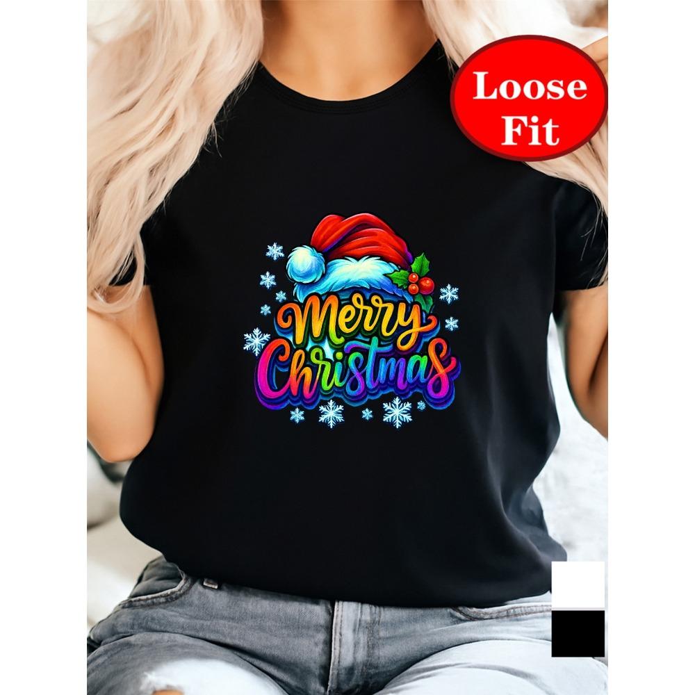 Merry Christmas, Holiday-themed Print, Crew Neck Short-sleeved T-shirt, Spring and Summer Casual Top