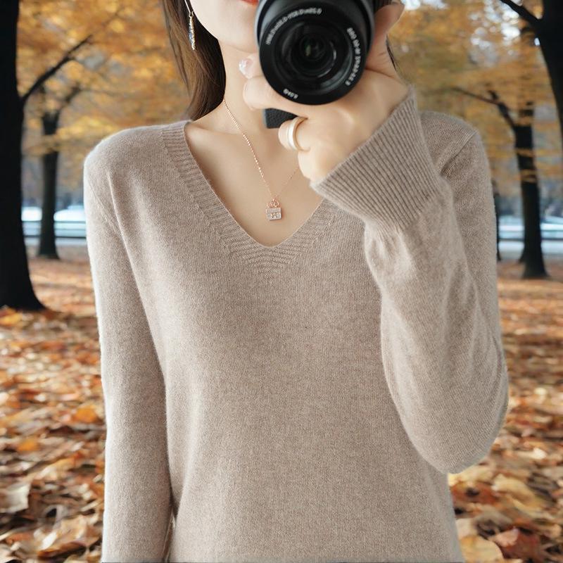 Jednobarevný pletený spodní svetr s výstřihem do V, tenký svetr, westernový styl, vnitřní vrstva