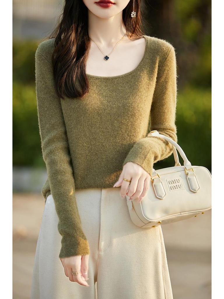 Slim Fit U-Neck Cashmere Sweater: Women's Elegant Spring/Autumn Knitwear Pullover