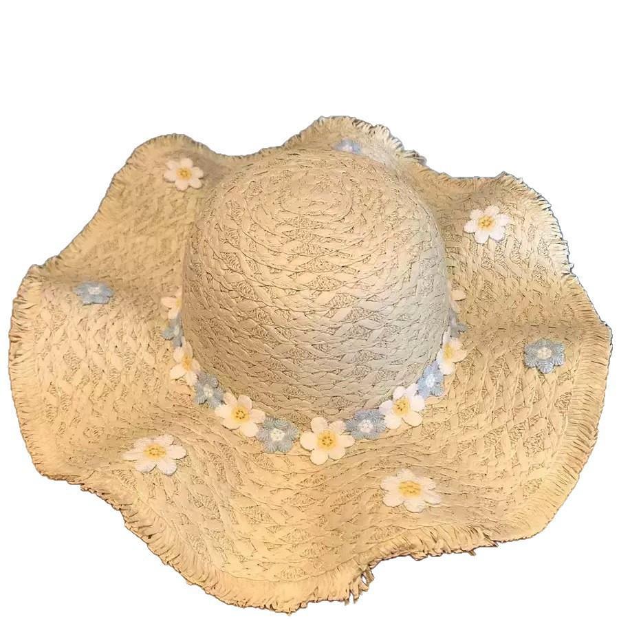 Seaside Beach Vacation Wind Blue and White Flower Straw Hat Women's Versatile Simple Sunshade Sunscreen Hat Trendy Big Brim