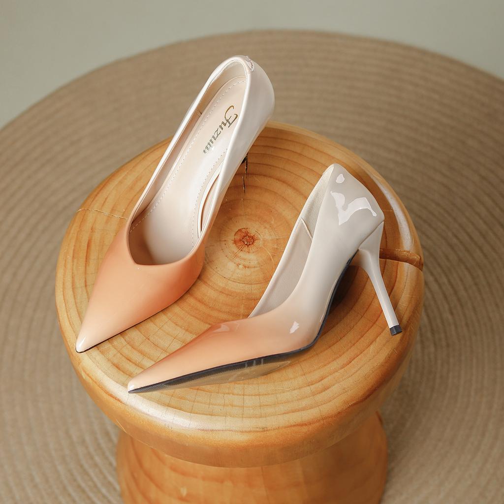 Sexy versatile pointed high heels women's 2025 new fine heel fashion temperament gradual change color patent leather light mouth single shoes