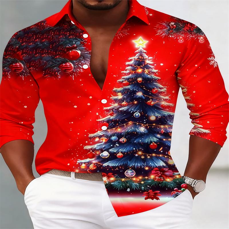 2026 Men's Christmas Tree Printed Men's Button Pocket Long Sleeve Shirt Large and Tall