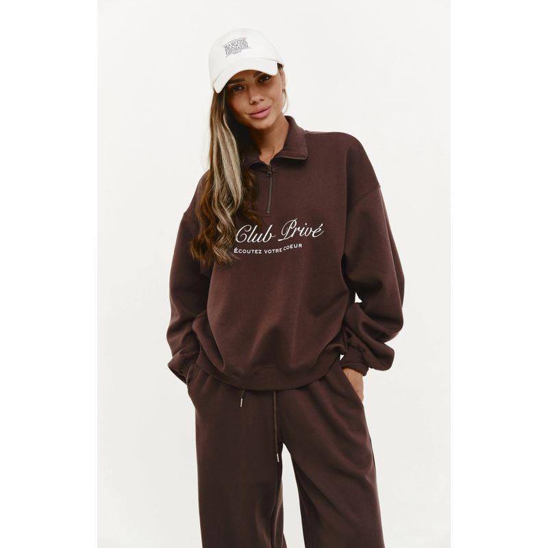 

European and American Leisure Long sleeve Half Zipper Lapel Over fit hoodie Set Sweatshirt and Pants Set Coffee L