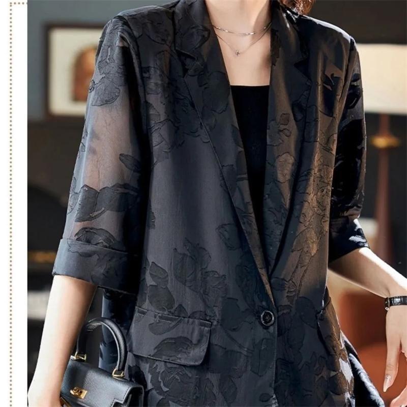 Women's Sunscreen Blazer Coat Summer Retro Jacquard Ladies Outerwear Appear Thin Mid Length Version Female Suit Jacket