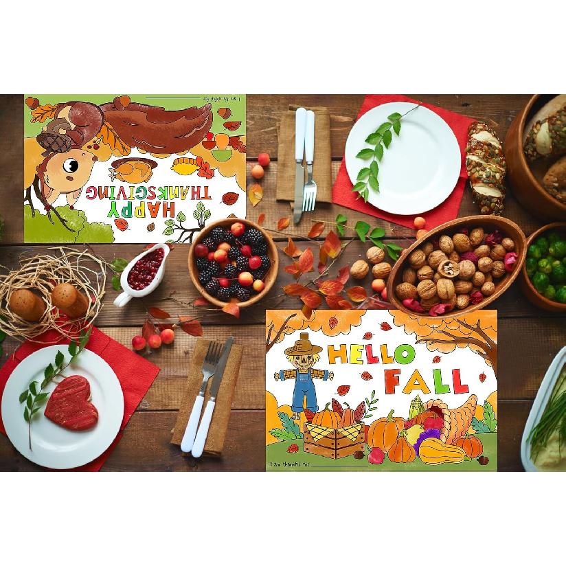 PETCEE Thanksgiving Coloring Placemats - 16PCS 14''x10'' Double-Sided Kids Placemats for Colorful Craft Activity & Party Decorations