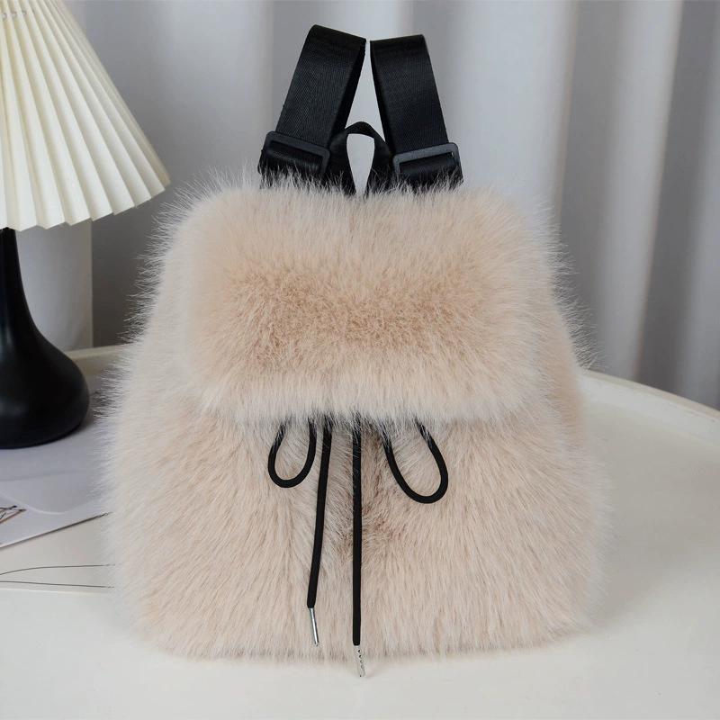 Plush Backpack Women Small Cute Drawstring Fluffy Bag Solid Color Soft Knapsack Winter Warm Faux Fur Shoulder Backpack KTB