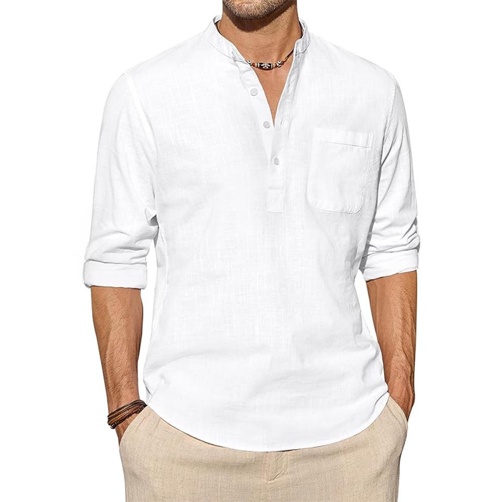 Herren Baumwoll-Leinen-Hemden Langarmhemd Lässige Strandhemden Henley T-Shirt Urlaubsoberteile mit Tasche Männer Streetwear
