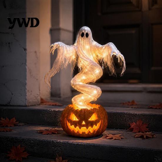 Decorative Yard Art for Halloween Swirling Ghost Pumpkin Lamp, Lighted Spooky Lamps Statue, Warm LED Outdoor Decoration Porch Garden Lawn Decorations