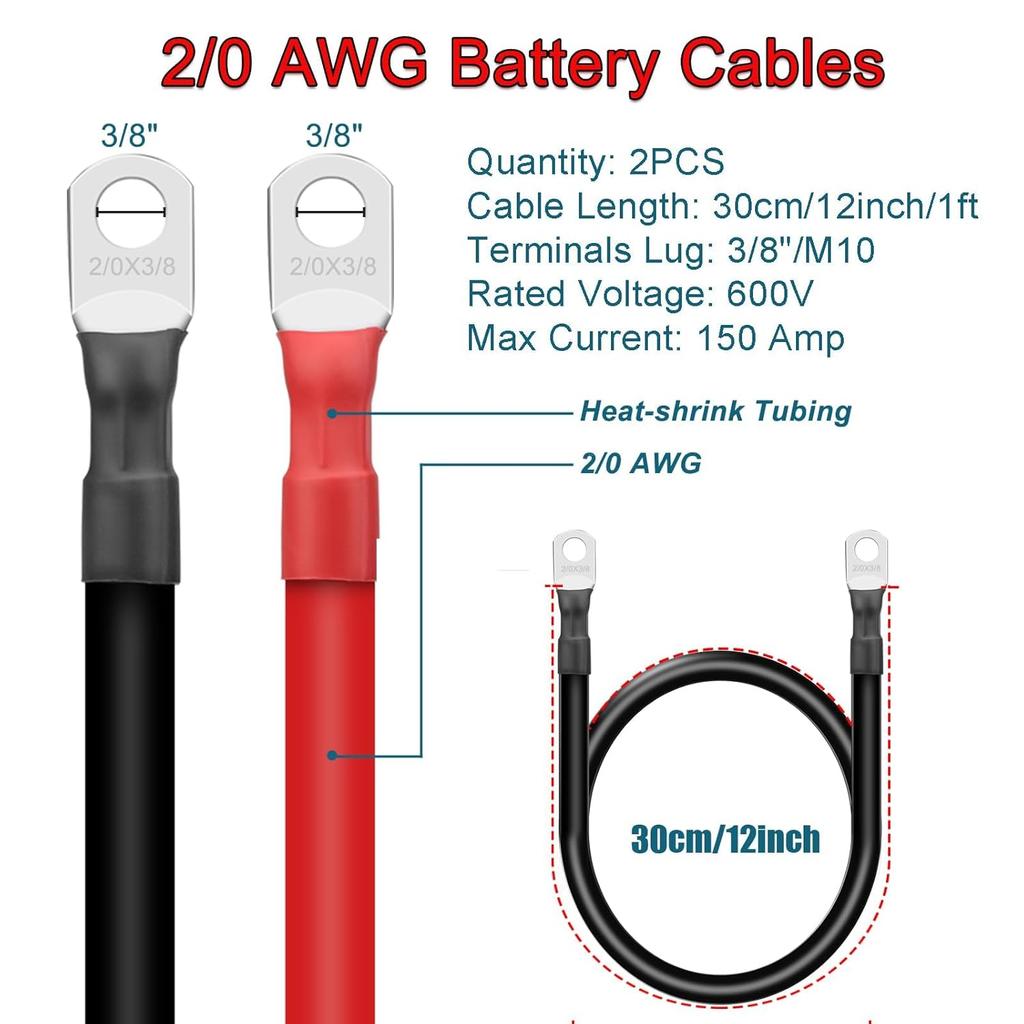 2PCS 2/0 AWG 00 Gauge 12 Inch Battery Cables with 3/8″ Lug Terminals, Flexible Heavy Duty Pure Copper Inverter Power Wires for Automotive Marine RV