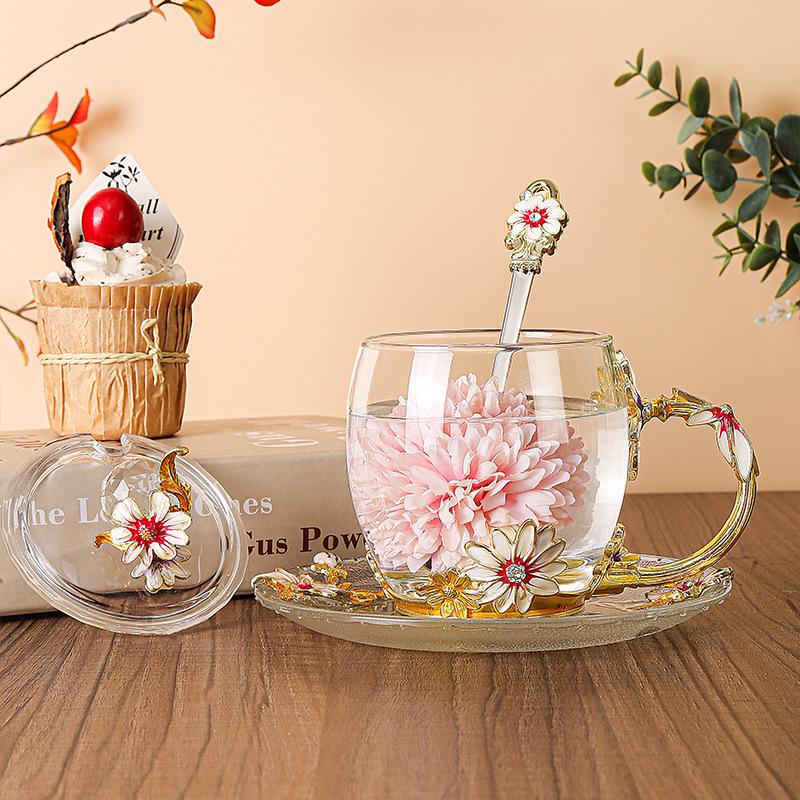 Daisy Enamel Flower Tea Cup - Heat-Resistant Crystal Glass for Home, Office, or Festival Gift