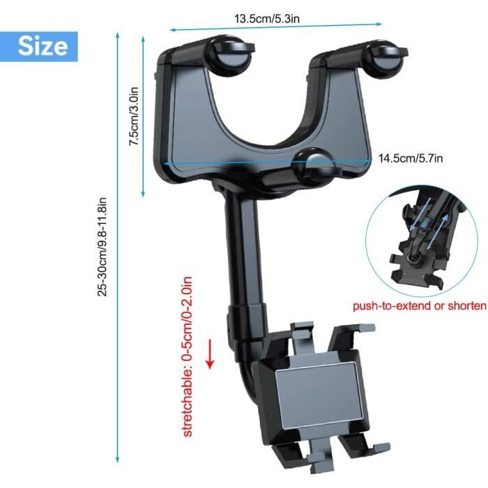 Support Telephone Voiture Retroviseur, 360°Rotatif Rétractable Support Smartphone Voiture, Support Portable Voiture pour A45
