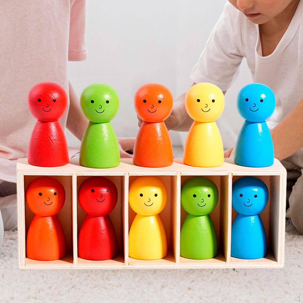 10x Rainbow Wooden Dolls People Figures Early Blocks Hand Eye Coordination with Box for Over