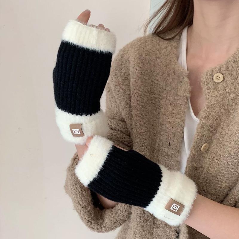 1Pair Fingerless Gloves Solid Color Plush Warm Knitted Soft Half-Finger Flexible Cold-proof