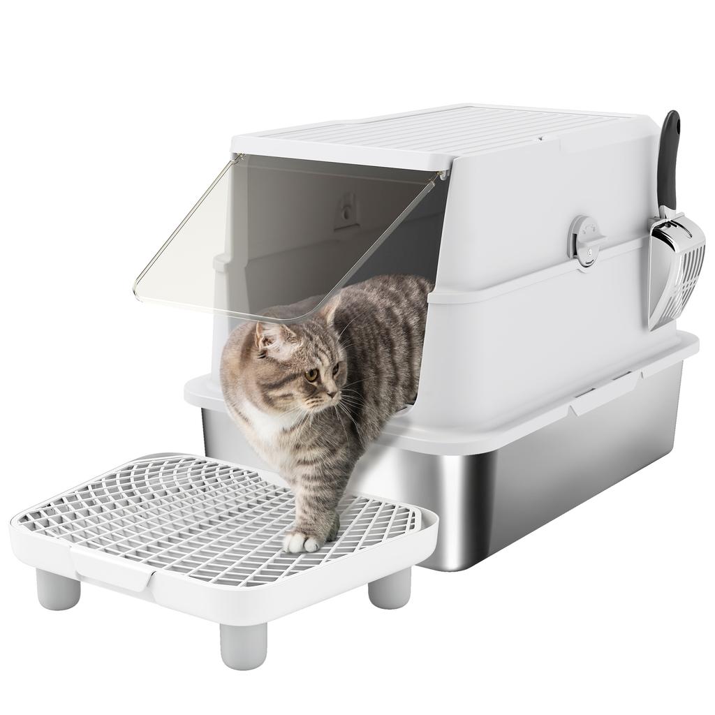Cat Litter Box, Stainless Steel, XL Interior, with Scoop, Light Gray