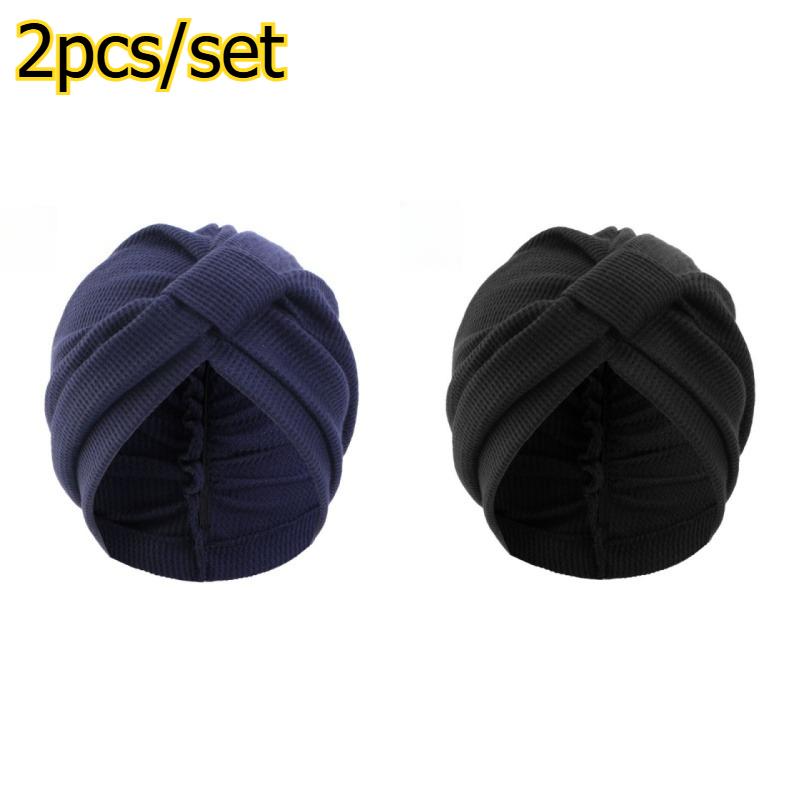 2pcs/set Cotton Waffle Turban Hat Indian Ethnic Head Wrap Cap Soft Knit Headwear for Daily & Casual Wear