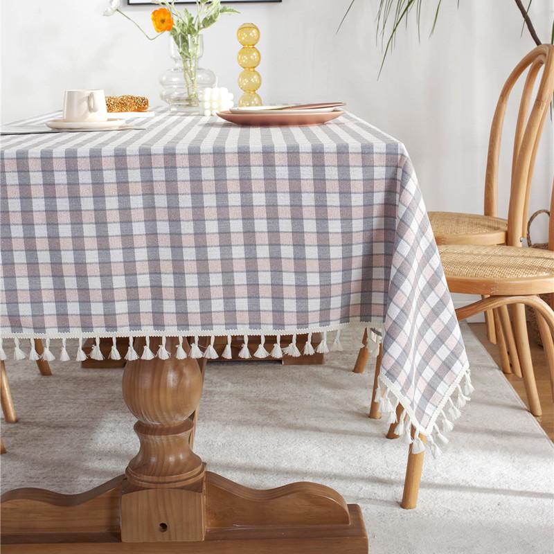 Silver Color Matching Plaid Polyester Fringed Tablecloth Geometric Rectangular Coffee Table Dining Table