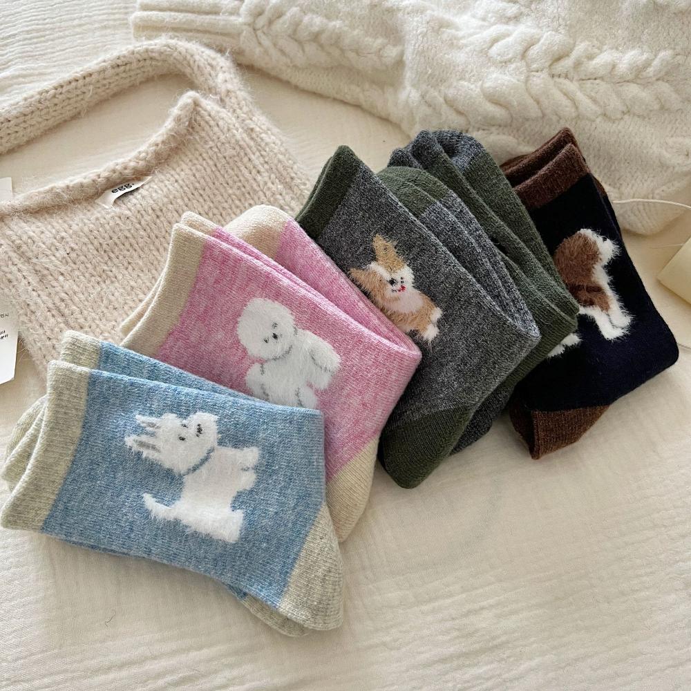 3 Par Söta Valp Fleece Strumpor Dam Höst och Vinter Tjocka Varma Mellanlånga Strumpor Parti